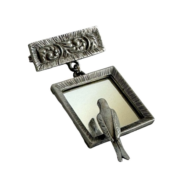 Vintage Bird Mirror Brooch Silver Tone Sparrow Pin Swallow Dove JJ Jonette - Picture 1 of 8